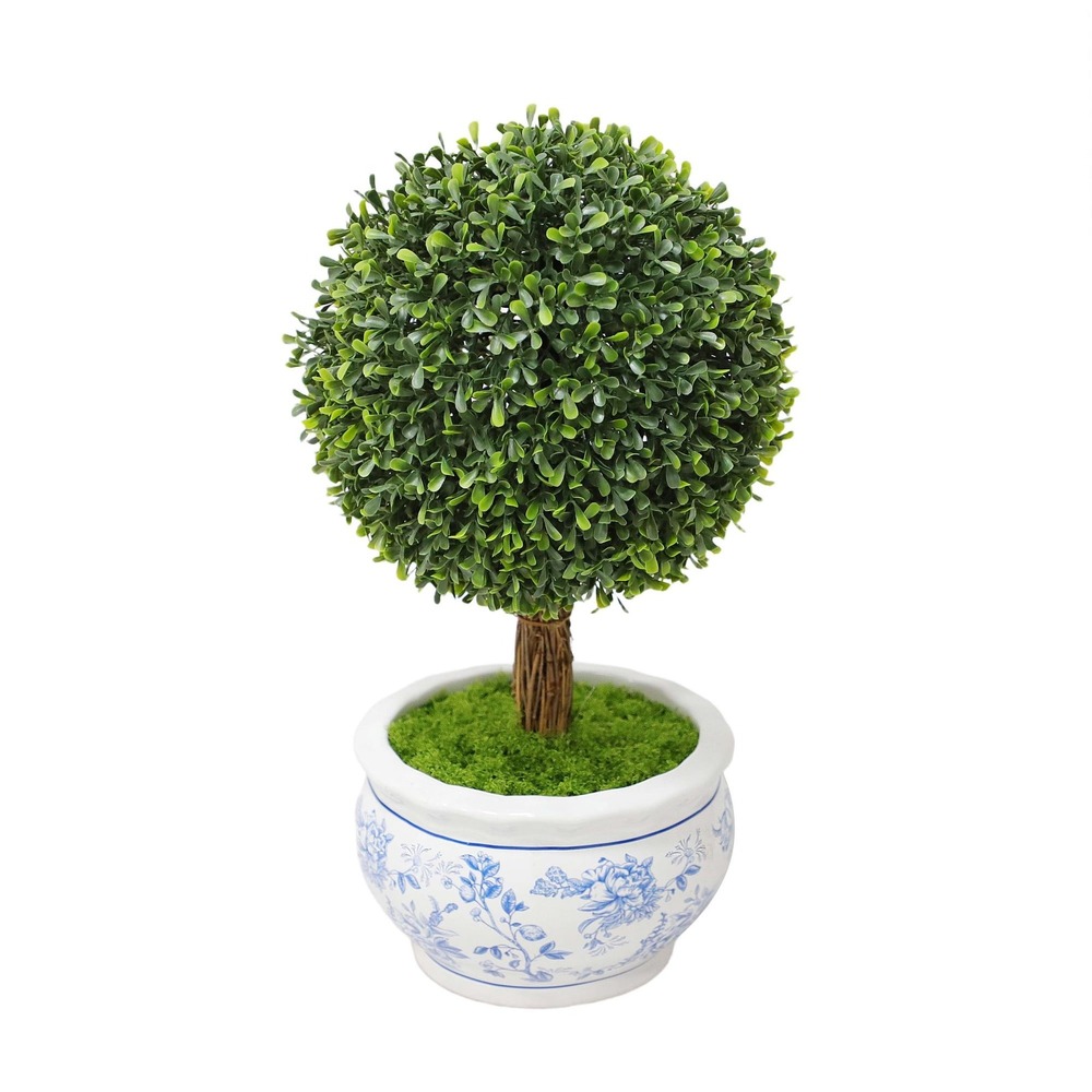 My Texas House 16" Faux Boxwood Topiary Blue/White Floral Pot